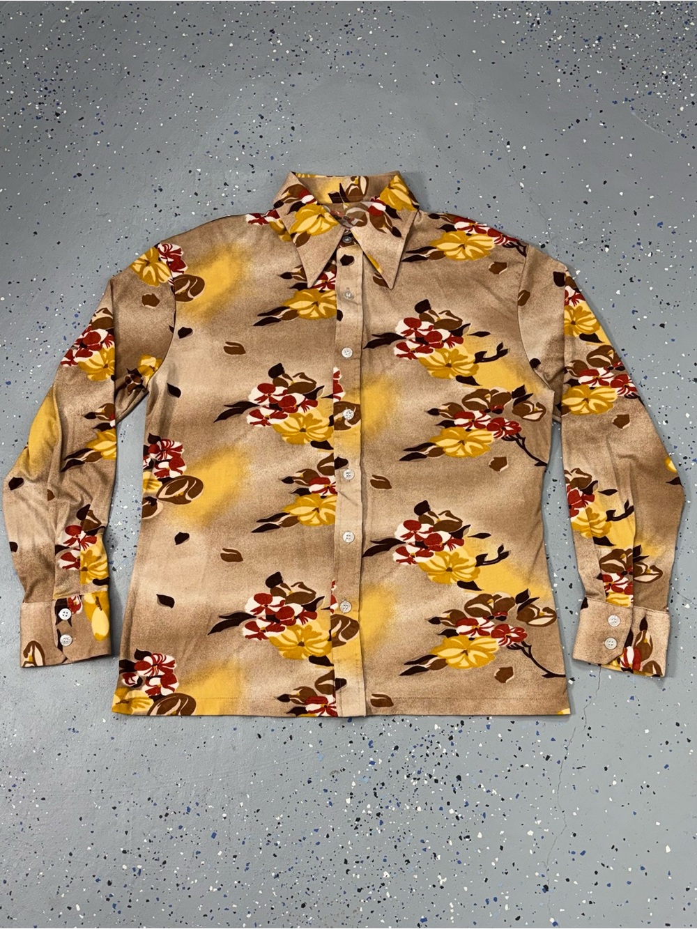 Vintage 70s Brown Psychedelic Floral Disco Shirt Polyester Knit Dagger Collar XL